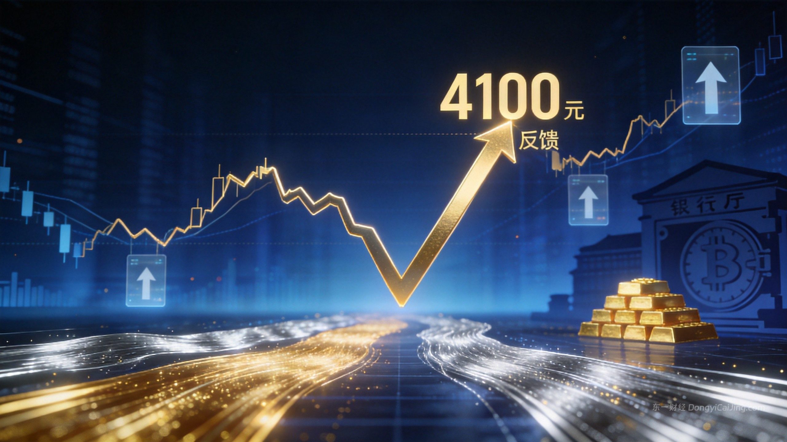 XAUUSD黄金价格与ETF资金流背离示意图，4100美元深V反弹与配置盘资金流入的量化交易视觉